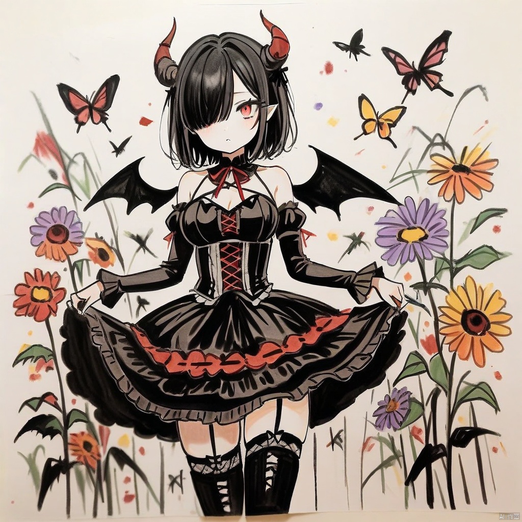 colored-pencil-style, colored_pencil_drawing,(masterpiece),(best quality), 1girl, wings, butterfly, thighhighs, horns, solo, bug, black hair, detached sleeves, red eyes, looking at viewer, demon wings, hair over one eye, dress, lolita fashion, gothic lolita, breasts, flower, demon horns, black thighhighs, gothic, hair ornament, claw ring, medium breasts, short hair, demon girl, long sleeves, black dress