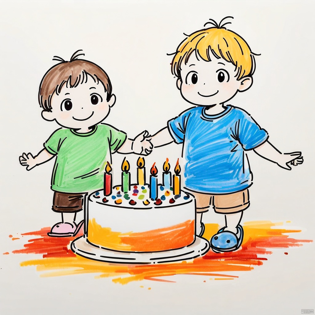  colored_pencil_drawing,masterpiece, best quality,smile, candle, shorts, blue hair, shirt, brown shorts, short hair, short sleeves, closed mouth, sandals, child, multiple boys, 2boys, male focus, siblings, t-shirt, standing, simple background, food, fire, slippers, colored skin, white background, brothers, birthday cake, 1boy, grey background, black eyes, antenna hair, :>, colored-pencil-style
