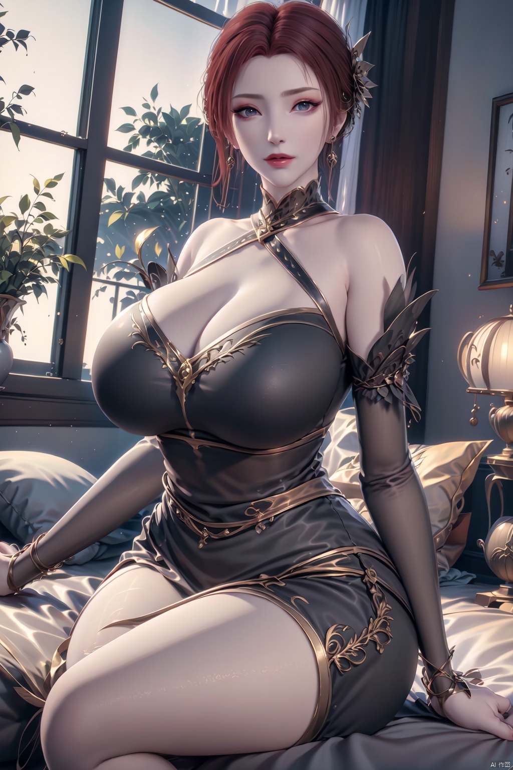 1girl, solo, long hair, breasts, looking at viewer, blue eyes, large breasts, brown hair, dress, cleavage, bare shoulders, jewelry, sitting, collarbone, flower, thighs, earrings, sleeveless, indoors, necklace, nail polish, huge breasts, bracelet, lips, pillow, bare legs, window, bed, halterneck, on bed, plant, between legs, hand between legs, mature female, potted plant, grey dress, vase, plunging neckline, silver dress, yf-hd