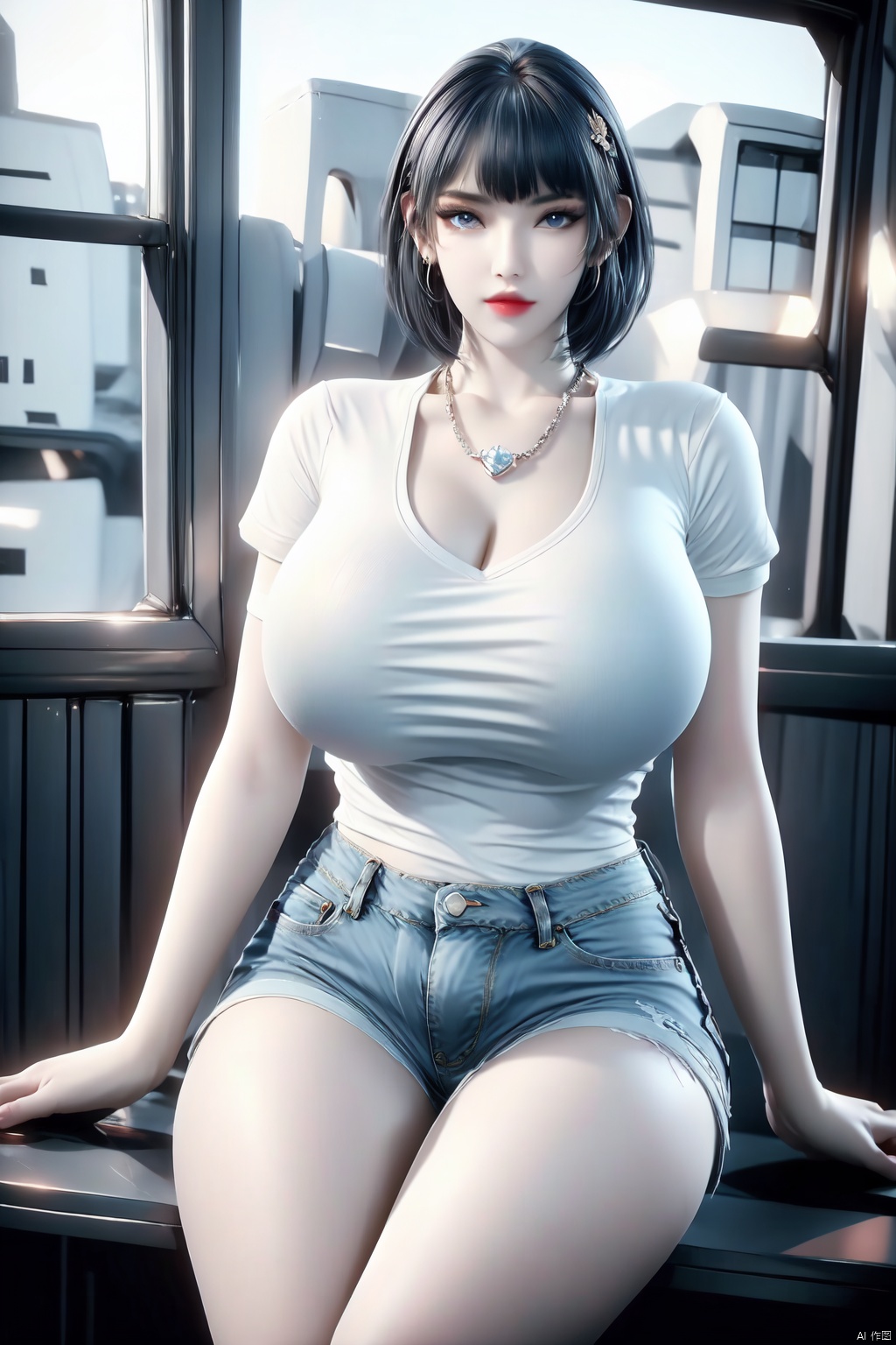 1girl, solo, breasts, looking at viewer, short hair, bangs, blue eyes, shirt, black hair, hair ornament, cleavage, jewelry, sitting, white shirt, short sleeves, thighs, earrings, shorts, indoors, necklace, mole, huge breasts, lips, short shorts, makeup, night, thick thighs, denim, denim shorts
