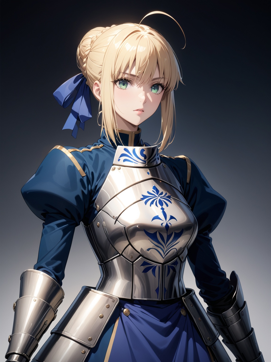 masterpiece, best quality, 8k, 8k UHD, ultra detailed, ultra-high resolution, ultra-high definition, highres, 
//Background, white_background,
//Character, 1girl, solo, 
//Fashion, 
//Others, ,Expressiveh,concept art,artoria pendragon \(fate\), blonde hair, green eyes, sidelocks, braid, hair bun, ahoge, long sleeves, hair ribbon, puffy sleeves, blue dress, blue ribbon, juliet sleeves, gauntlets, armored dress