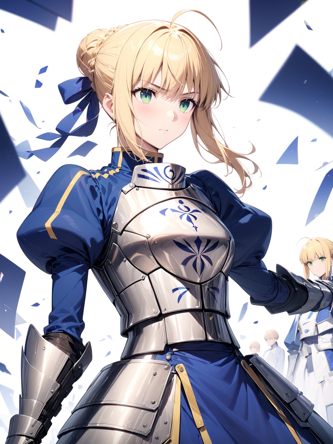 score_9,score_8_up,score_7_up, masterpiece, best quality, detailmaster2, 8k, 8k UHD, ultra detailed, ultra-high resolution, ultra-high definition, highres, 
//Background, white_background,
//Character,  
//Fashion, 
//Others, ,artoria pendragon \(fate\), 1girl, solo, blonde hair, green eyes, sidelocks, braid, hair bun, ahoge, hair ribbon, puffy sleeves, juliet sleeves, gauntlets, blue dress, armored dress
