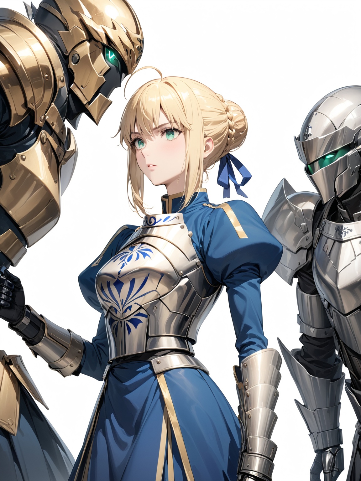 masterpiece, best quality, 8k, 8k UHD, ultra detailed, ultra-high resolution, ultra-high definition, highres, 
//Background, white_background,
//Character, 1girl, solo, 
//Fashion, 
//Others, ,Expressiveh,concept art,artoria pendragon \(fate\), blonde hair, green eyes, sidelocks, braid, hair bun, ahoge, long sleeves, hair ribbon, puffy sleeves, blue dress, blue ribbon, juliet sleeves, gauntlets, armored dress