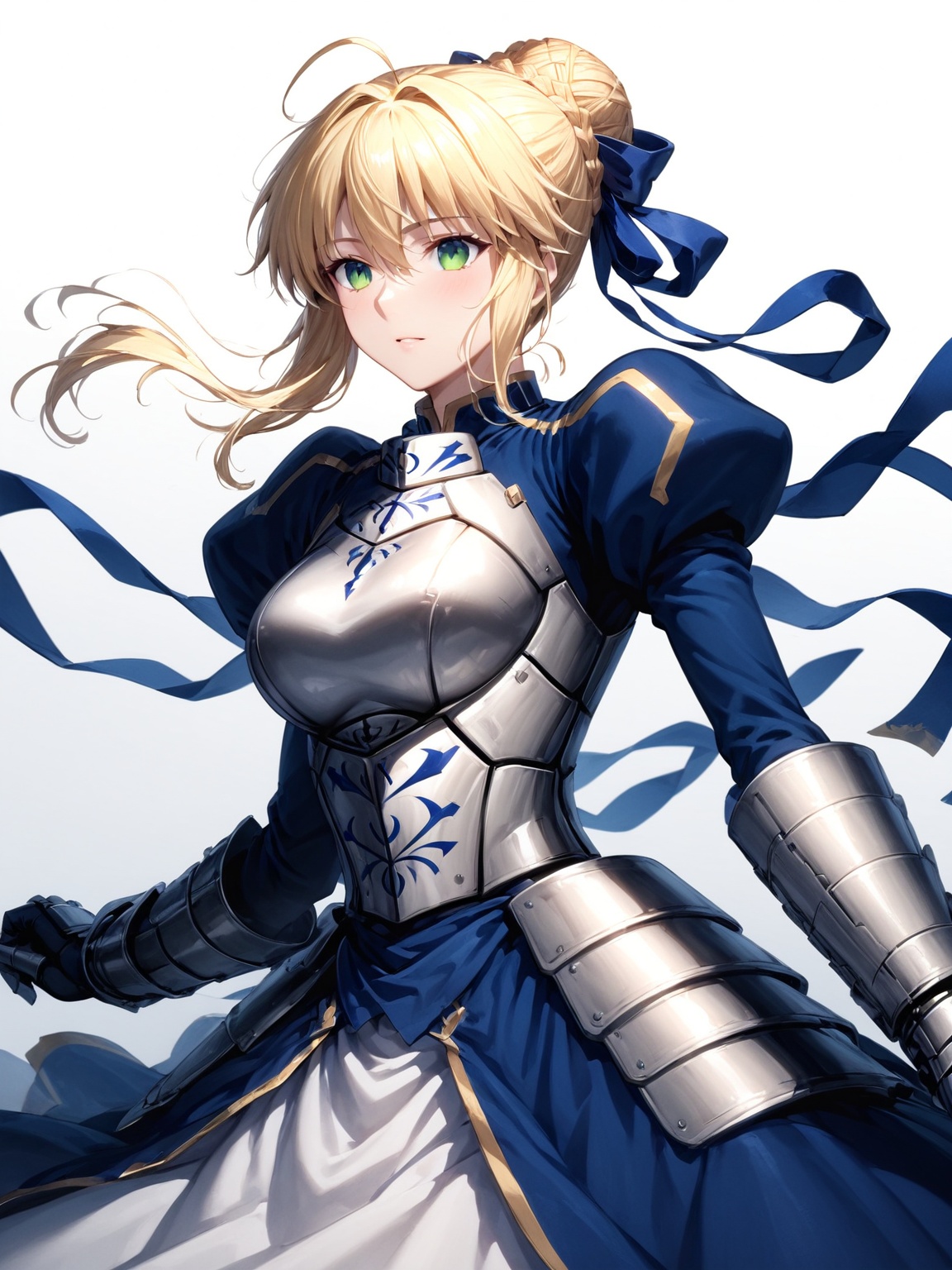 masterpiece, best quality, 8k, 8k UHD, ultra detailed, ultra-high resolution, ultra-high definition, highres, 
//Background, white_background,
//Character, 1girl, solo, 
//Fashion, 
//Others, ,Expressiveh,concept art,artoria pendragon \(fate\), blonde hair, green eyes, sidelocks, braid, hair bun, ahoge, long sleeves, hair ribbon, puffy sleeves, blue dress, blue ribbon, juliet sleeves, gauntlets, armored dress