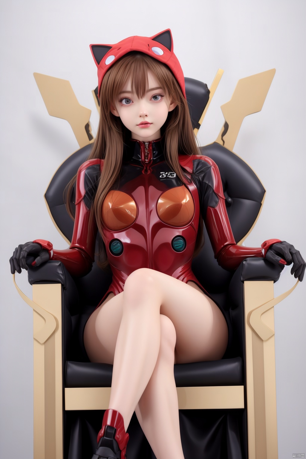  1girl, souryuu asuka langley, neon genesis evangelion, rebuild of evangelion, lance of longinus, cat hat, plugsuit, pilot suit, red bodysuit, sitting, crossed legs, black eye patch, throne, looking down, from bottom, looking at viewer, outdoors, masterpiece, best quality, very aesthetic, absurdres