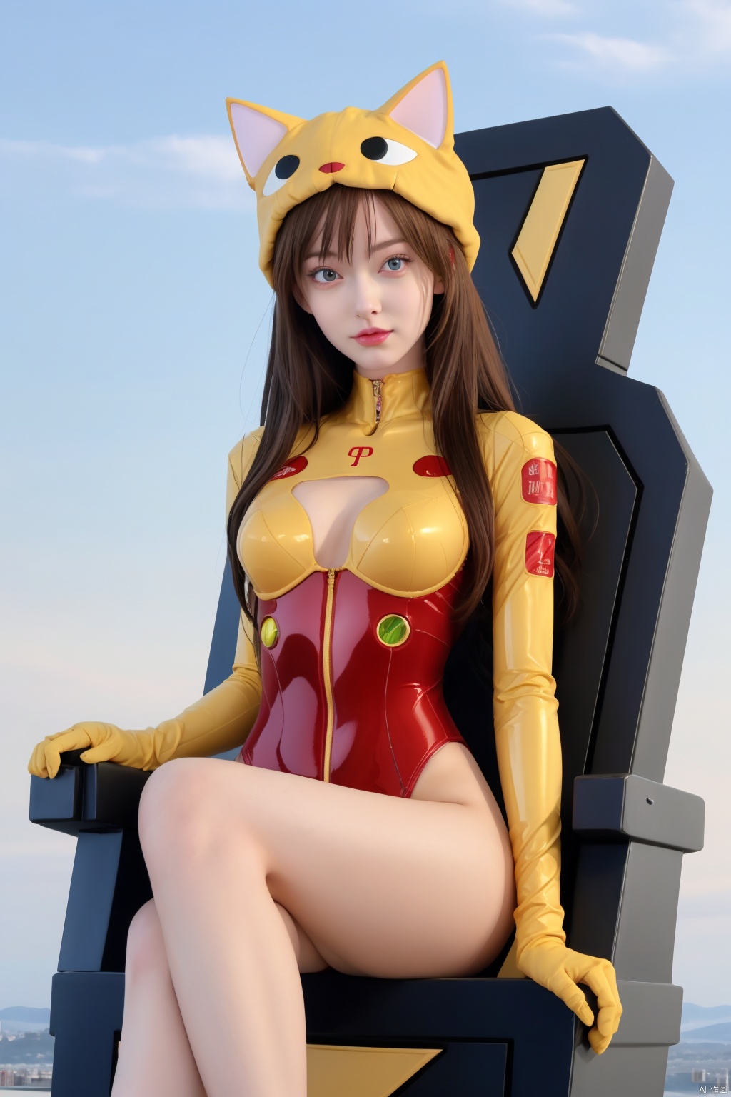 1girl, souryuu asuka langley, neon genesis evangelion, rebuild of evangelion, lance of longinus, cat hat, plugsuit, pilot suit, red bodysuit, sitting, crossed legs, black eye patch, throne, looking down, from bottom, looking at viewer, outdoors, masterpiece, best quality, very aesthetic, absurdres