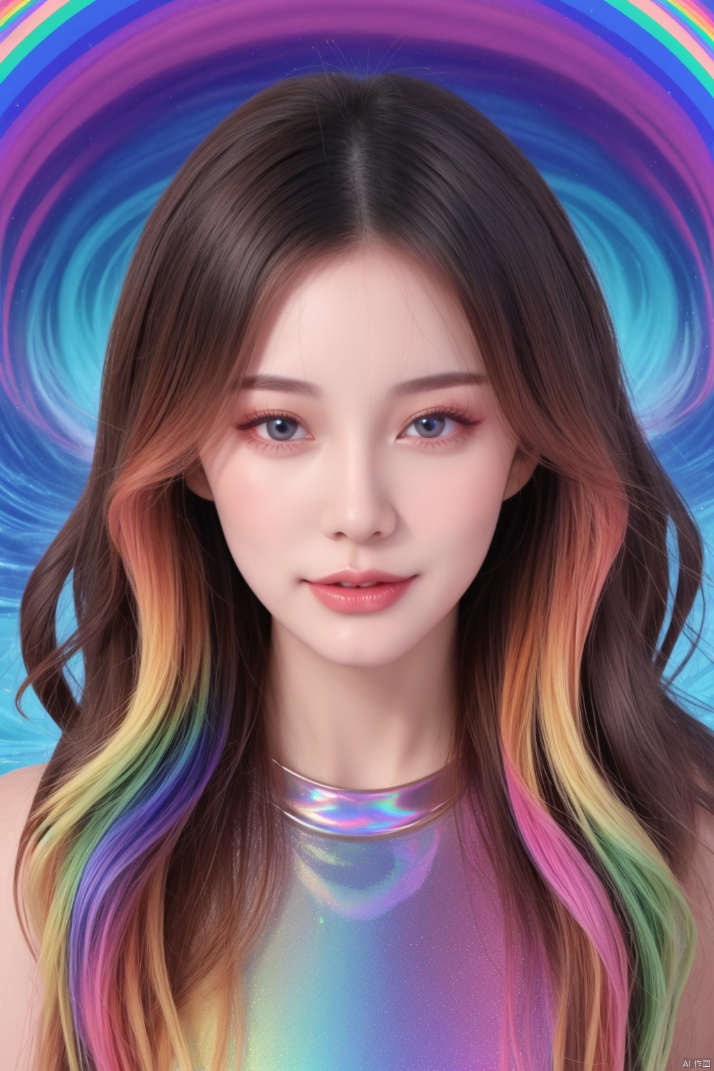 Hong Kong girl, professional model, full figure, bust, photo, best quality, Dundar Effect, runway,Long wavy hair, flowing rainbow color holographic background, portrait, holographic, rainbow, steam wave, fluid,