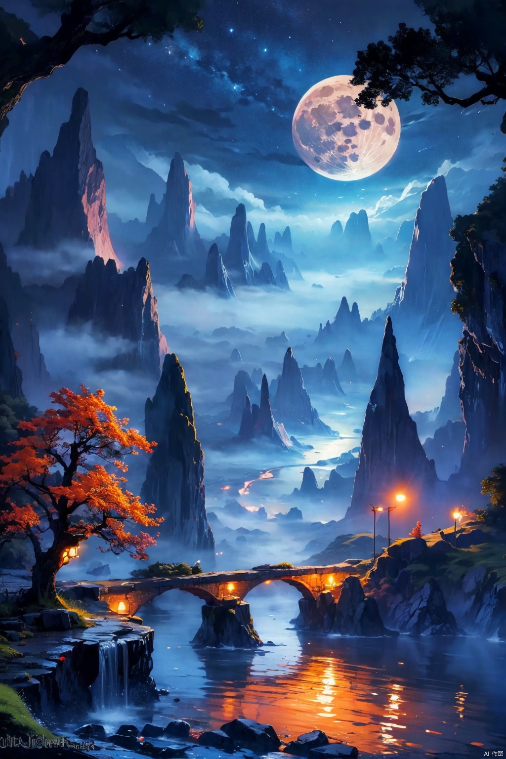  outdoors
￼
sky
￼
cloud
￼
water
￼
tree
￼
no humans
￼
night
￼
moon
￼
night sky
￼
scenery
￼
full moon
￼
mountain
￼
fantasy
￼
waterfall
￼
fog
￼
￼

