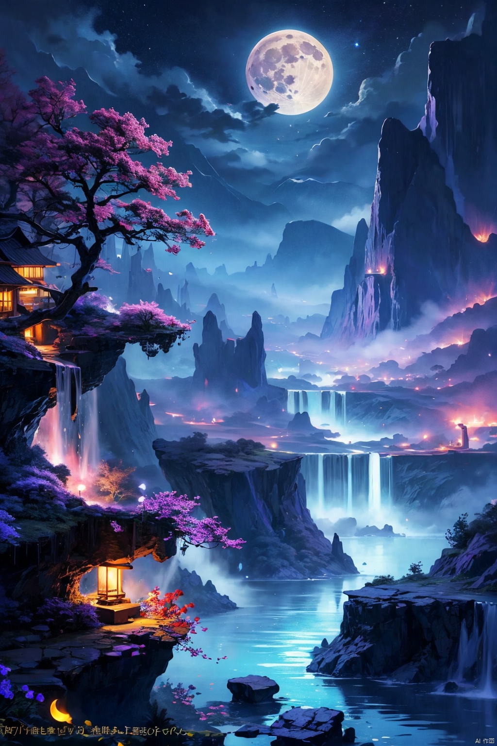  outdoors,purple,
￼
sky
￼
cloud
￼
water
￼
tree
￼
no humans
￼
night
￼
moon
￼
night sky
￼
scenery
￼
full moon
￼
mountain
￼
fantasy
￼
waterfall
￼
fog
￼
￼

