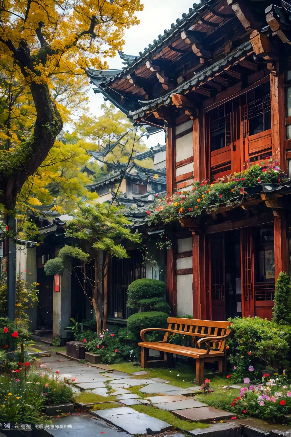 flower
￼
outdoors
￼
tree
￼
no humans
￼
window
￼
plant
￼
building
￼
scenery
￼
road
￼
bench
￼
bush
￼
architecture
￼
east asian architecture
￼
￼
