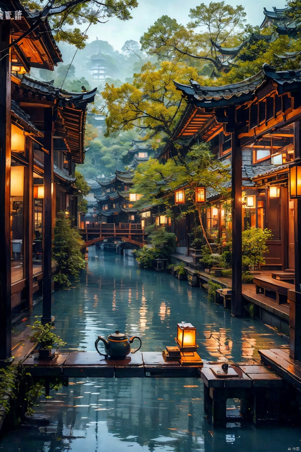 outdoors
￼
water
￼
tree
￼
cup
￼
no humans
￼
table
￼
building
￼
scenery
￼
reflection
￼
teacup
￼
lantern
￼
chinese text
￼
teapot
￼
architecture
￼
bridge
￼
east asian architecture
￼
￼
