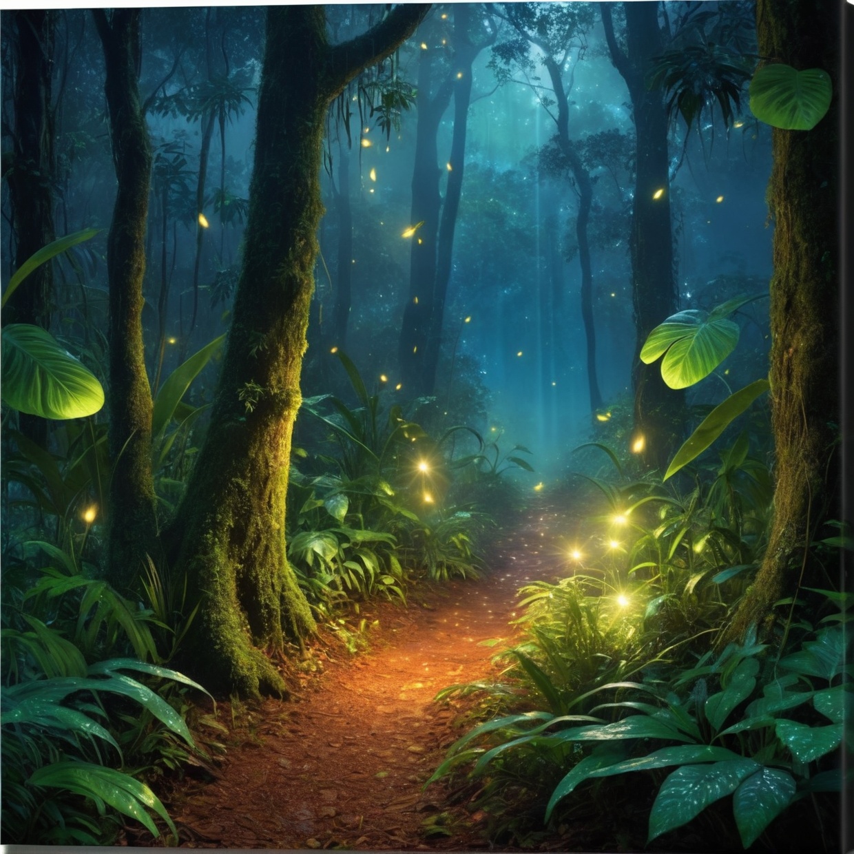 thick dense forest,  glowing fireflies,  rainy night on Tensor.Art