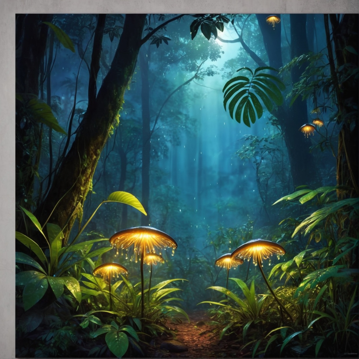 thick dense forest,  glowing fireflies,  rainy night on Tensor.Art