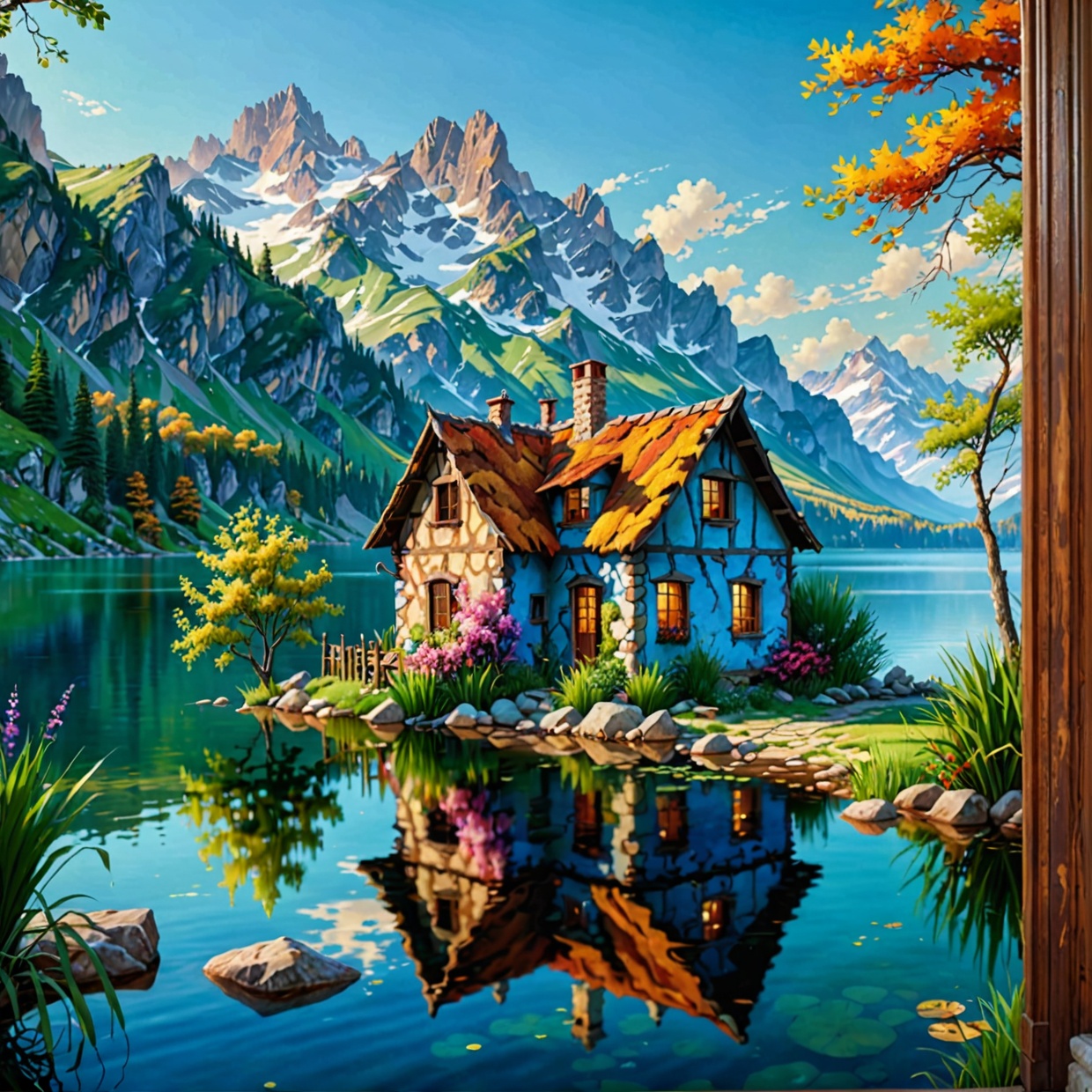 Abandoned house by the lake,  landscape,  water on Tensor.Art