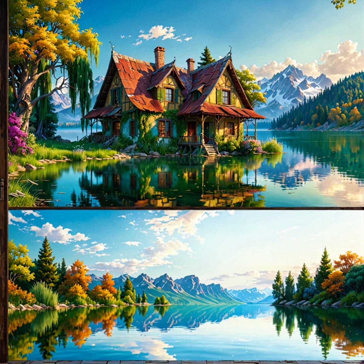 Abandoned house by the lake,  landscape,  water on Tensor.Art