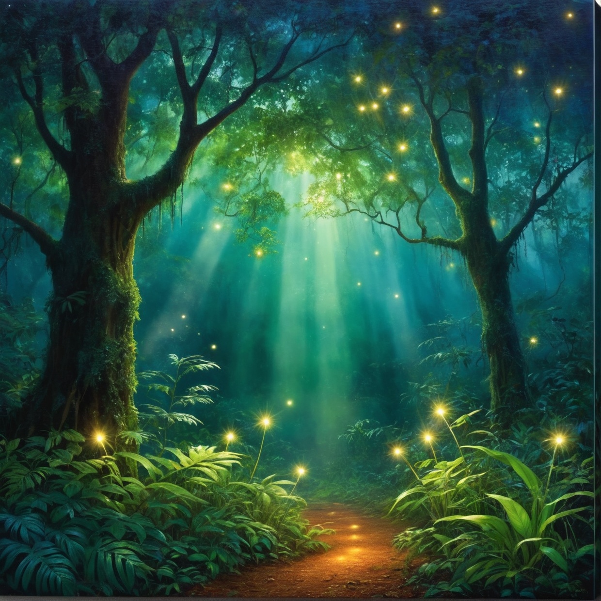 thick dense forest,  glowing fireflies,  rainy night on Tensor.Art