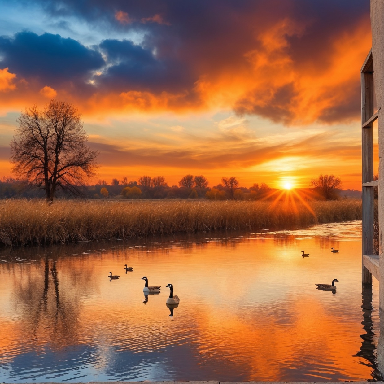 The sunset flies with the lonely geese in the distance,  and the autumn river water and the vast sky are connected,  icons...