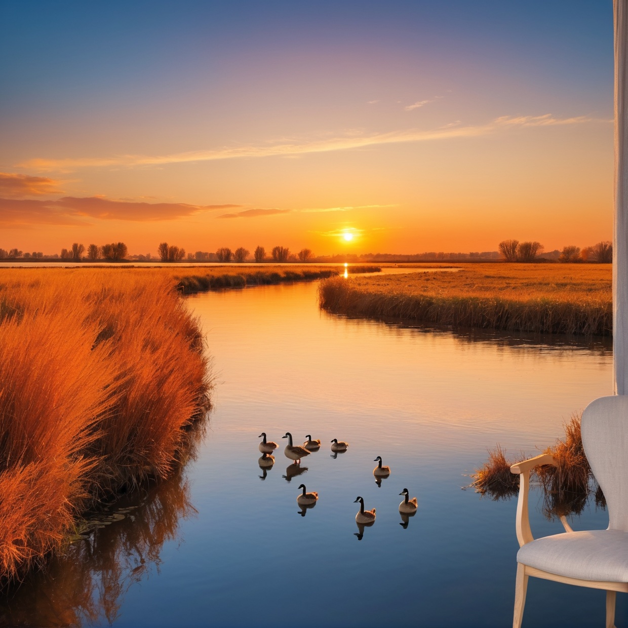 The sunset flies with the lonely geese in the distance,  and the autumn river water and the vast sky are connected,  icons...