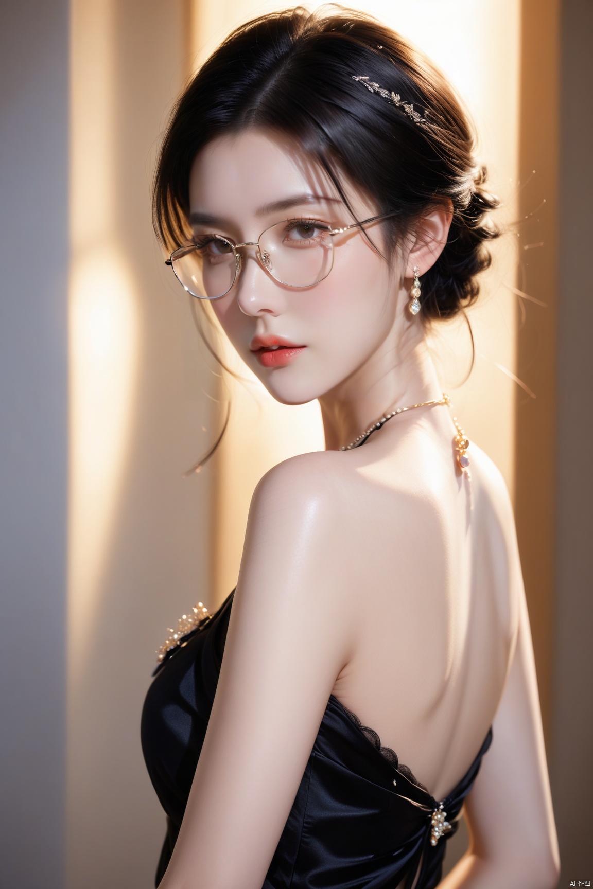 1girl,solo,Back Angle,black hair,lips,jewelry,white_marble_glowing_skin,(gently hold your glasses:1.4),black dress falling off her shoulder,portrait,(look at the viewer:1.1),looking back,realistic