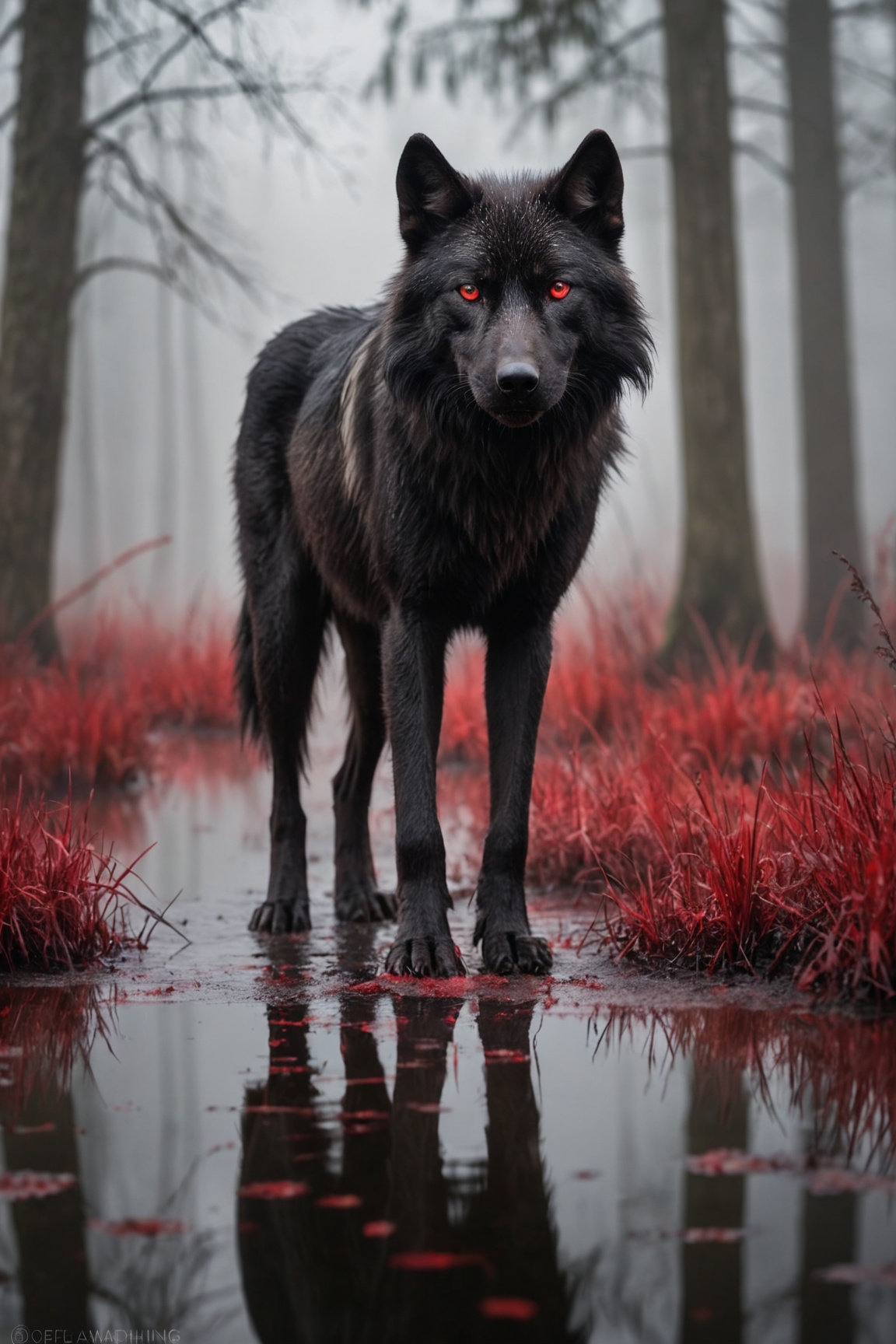 photo,  portrait of a black wolf with red eyes,  swamp on Tensor.Art