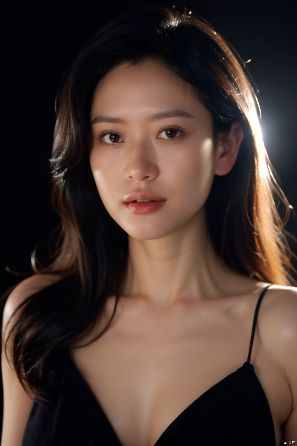 1girl, cleavage,solo, long_hair, lips, realistic, closed_mouth, black_hair,
( chiaroscuro,Fujicolor, UHD, super detail ,raw,85mm,f/1.2,FujifilmXT4,),