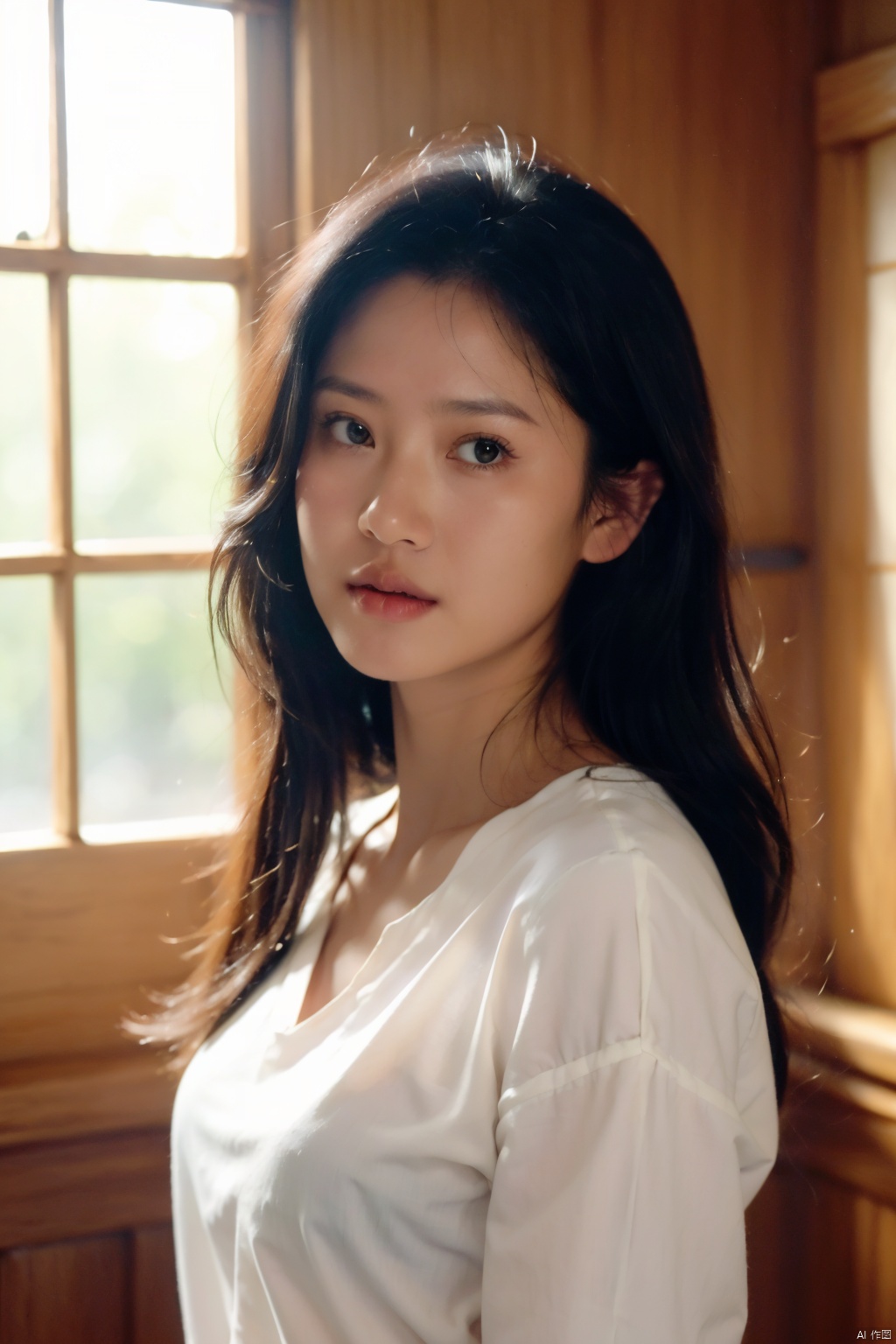  ( chiaroscuro,Fujicolor, UHD, super detail ,raw,85mm,f/1.2,FujifilmXT4,),1girl, solo, long hair, looking at viewer, shirt, black hair, closed mouth, white shirt, upper body, indoors, black eyes, lips, window, watermark, realistic, nose