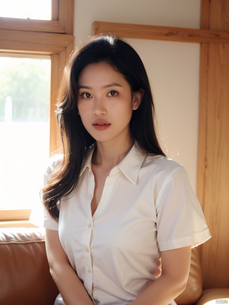1girl, solo, long hair, looking at viewer, shirt, black hair, sitting, white shirt, upper body, short sleeves, parted lips, collared shirt, artist name, indoors, black eyes, lips, window, sunlight, couch, freckles, realistic, nose