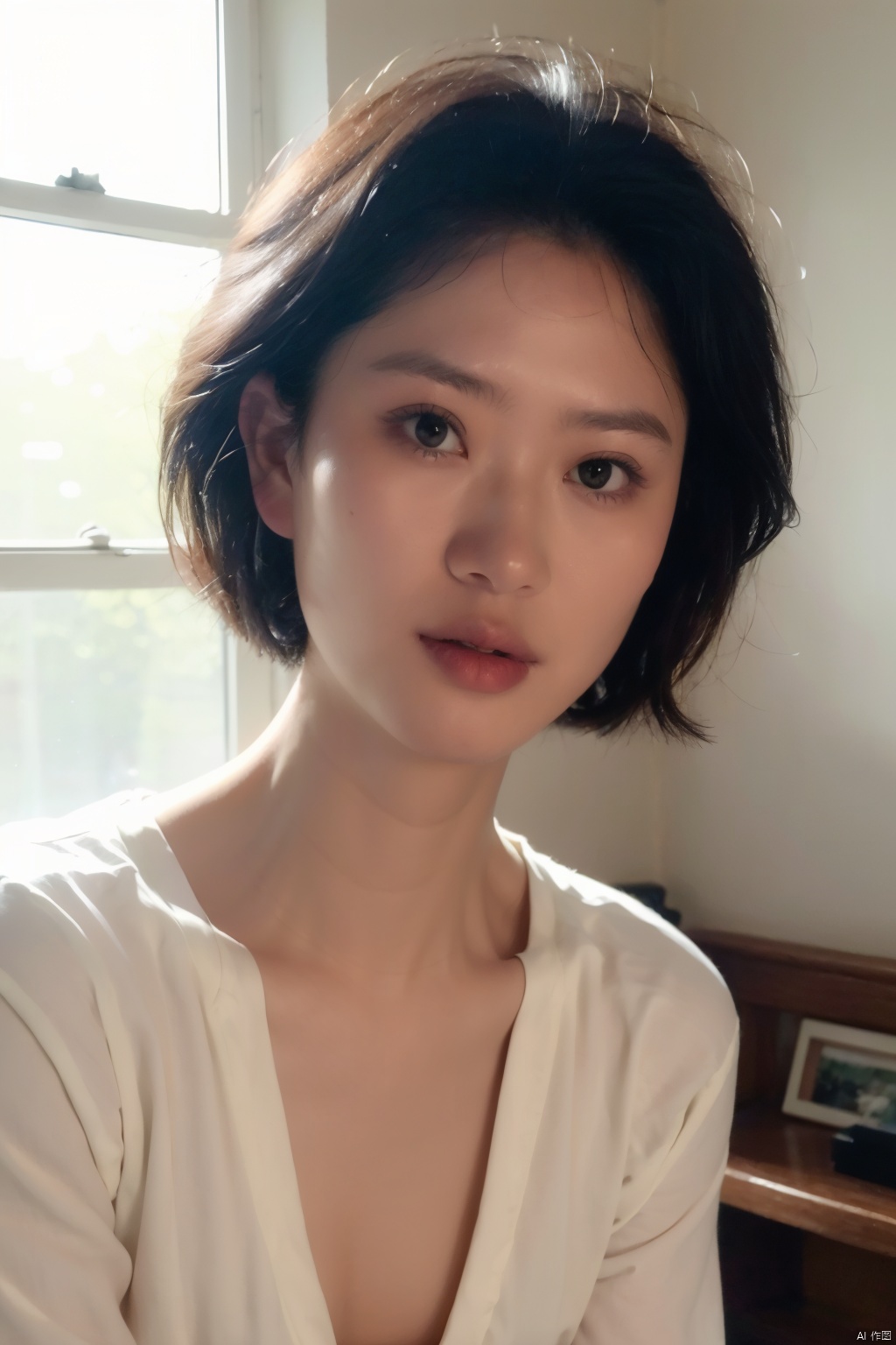  ( chiaroscuro,Fujicolor, UHD, super detail ,raw,85mm,f/1.2,FujifilmXT4,),1girl, solo, short hair, looking at viewer, shirt, black hair, closed mouth, white shirt, upper body, indoors, black eyes, lips, window, watermark, realistic, nose