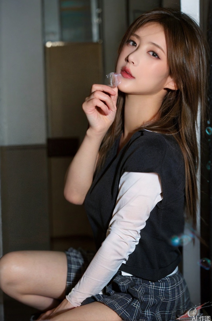  pink hair,(bubble:1.5),8K,Best quality, 1girl, xtt's body,A photo of oneself taken with a phone in front of a mirror,more details,white mask,full body,long wave hair,school uniform,Wearing blue Pleated skirt, wearing black pantyhose , sitting, ((Mobile selfie perspective)), shapely body,midnight, xtt, aki, spread legs_vagxxx, (\meng ze\)