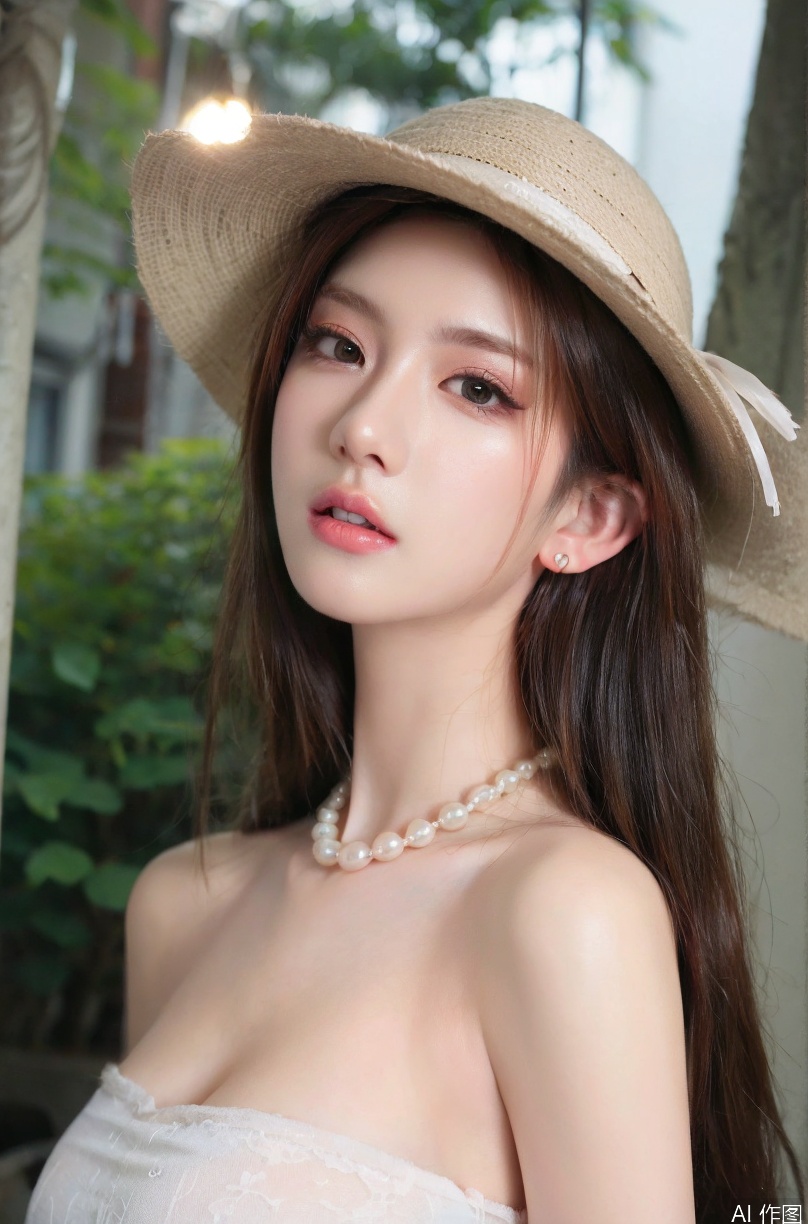 A woman wearing a straw hat, Wearing a simple pearl necklace and pearl earrings, light gray and light beige, detailed, gentle and focused romanticism, overhead shot, dim flowers in the foreground, depth of field, Canon R6, bright soft ambient outdoor light, liuyifei