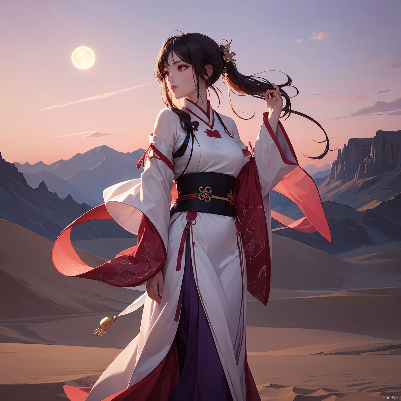 (masterpiece), (highest quality),zikai,1girl,solo,full moon,scenery,desert,pink-purple sky,star, zikai, song_hanfu, hanfu