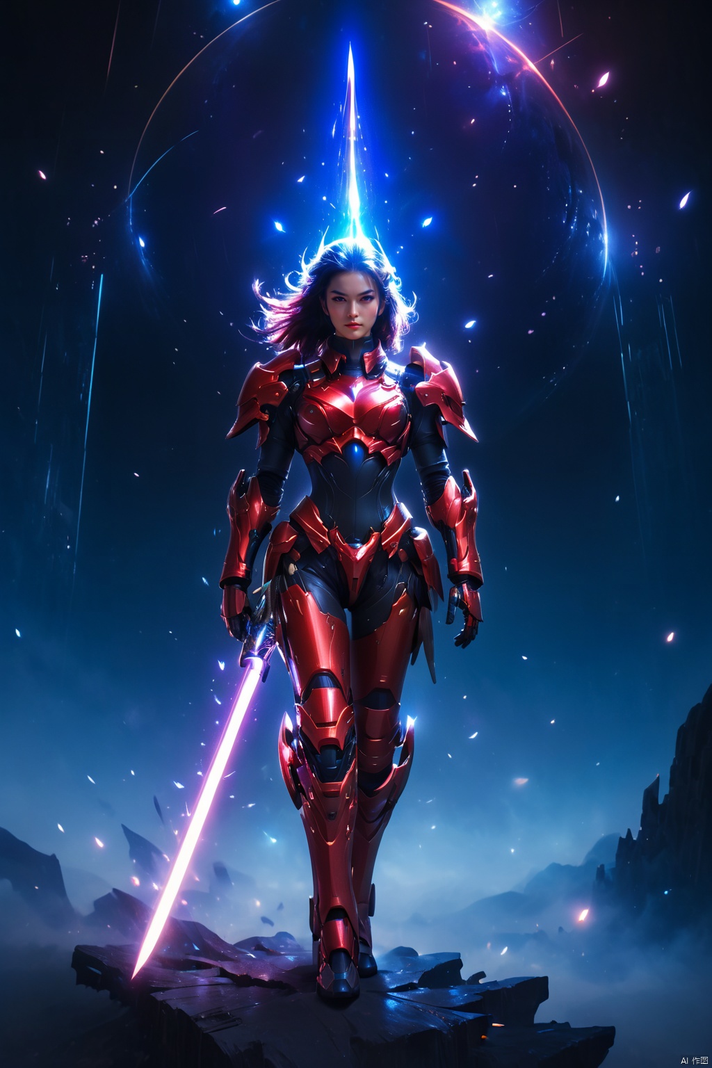  A female warrior in red armor, she stands alone among the stars, forming a magnificent picture with the planets and stars around her. Her armor was as red as fire, as if it could burn the universe, and the red katana in her hand shone with a cold light, as if it could Pierce all obstacles. The female warrior's hair, red as fire, fluttered across the void of the universe, in stark contrast to her armor.
1 girl,full body,masterpiece,
render,technology, (best quality) (masterpiece), (highly detailed), 4K,Official art, unit 8 k wallpaper, ultra detailed, masterpiece, best quality, extremely detailed, dynamic angle,atmospheric,highdetail,exquisitefacialfeatures,futuristic,sciencefiction,CG, (wielding katana:1.2),(score_9 score_8_up score_7_up),RUANYI0516 purple bodysuit machanic wing,HKMECHA