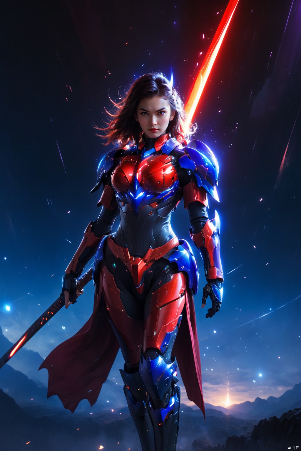  A female warrior in red armor, she stands alone among the stars, forming a magnificent picture with the planets and stars around her. Her armor was as red as fire, as if it could burn the universe, and the red katana in her hand shone with a cold light, as if it could Pierce all obstacles. The female warrior's hair, red as fire, fluttered across the void of the universe, in stark contrast to her armor.
1 girl,full body,masterpiece,
render,technology, (best quality) (masterpiece), (highly detailed), 4K,Official art, unit 8 k wallpaper, ultra detailed, masterpiece, best quality, extremely detailed, dynamic angle,atmospheric,highdetail,exquisitefacialfeatures,futuristic,sciencefiction,CG, (wielding katana:1.2),(score_9 score_8_up score_7_up),RUANYI0516 purple bodysuit machanic wing,HKMECHA