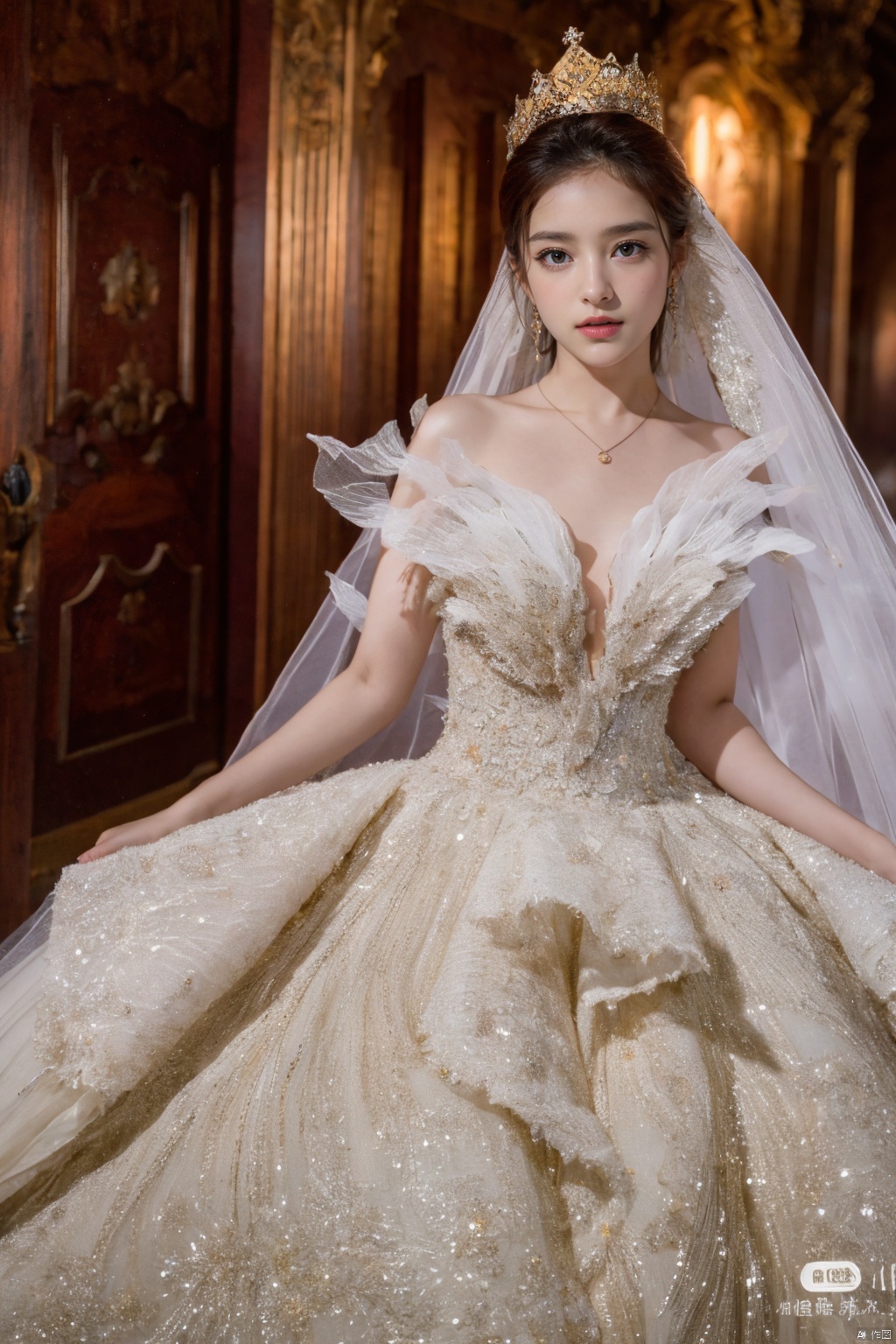  Ultra-clear 8k, real, night, smile, crown, necklace, perspective, hanger, nudity, diamonds, bridal veil, Golden wedding dress, 1 girl, 