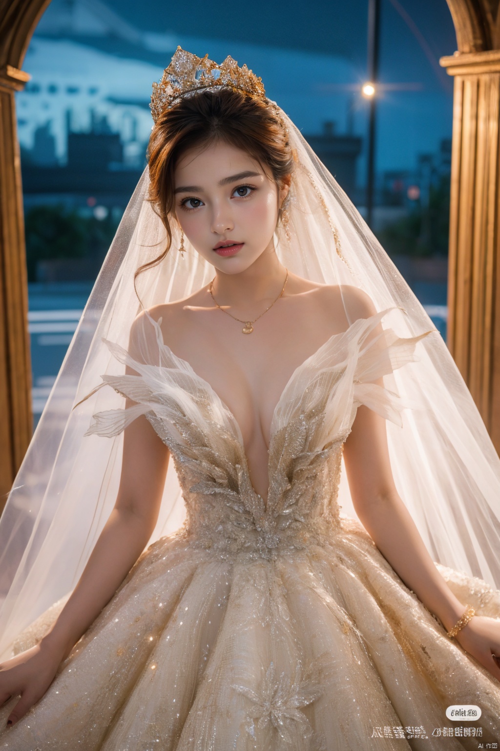  Ultra-clear 8k, real, night, smile, crown, necklace, perspective, hanger, nudity, diamonds, bridal veil, Golden wedding dress, 1 girl, 
