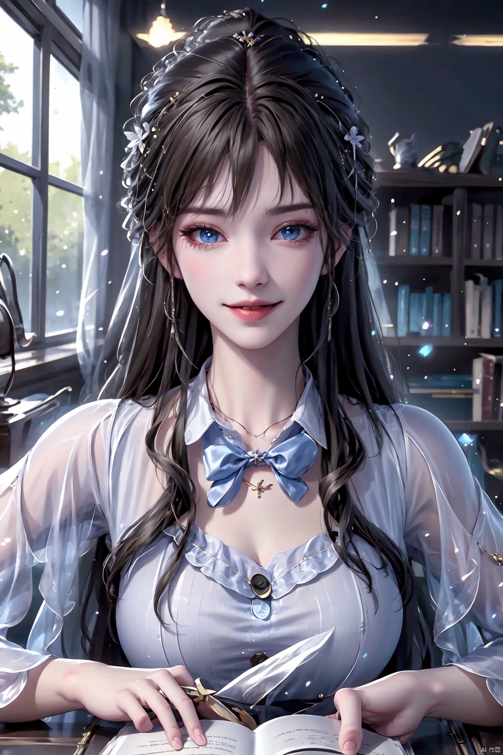 1girl, solo, long hair, looking at viewer, smile, blue eyes, brown hair, shirt, black hair, bow, closed mouth, school uniform, white shirt, upper body, collared shirt, indoors, bowtie, lips, book, blue bow, sunlight, light particles, head rest, open book, realistic, bookshelf, library