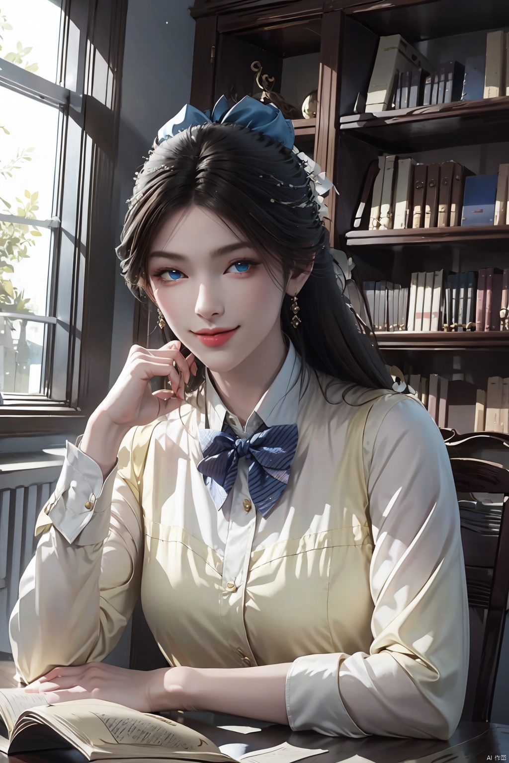 1girl, solo, long hair, looking at viewer, smile, blue eyes, brown hair, shirt, black hair, bow, closed mouth, school uniform, white shirt, upper body, collared shirt, indoors, bowtie, lips, book, blue bow, sunlight, light particles, head rest, open book, realistic, bookshelf, library