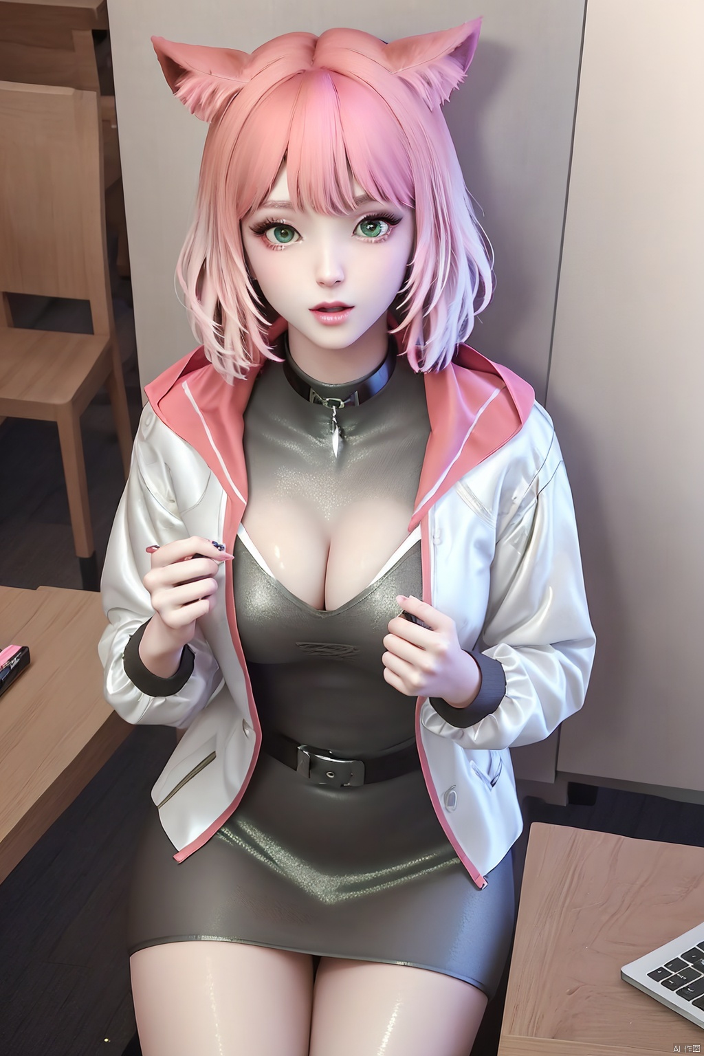 parameterssitting, (lowleg), dress, chinese_clothes, long_sleeves, looking_at_viewer, (8k, RAW photo, best_quality), (highly_detailed), (masterpiece:1.2),
(ultra-detailed), (extremely_detailed_cg_8k_wallpaper), 
(realistic:1.2), (photorealistic:1.3),
(scenery, office, chair, table, potted_plant, plant, monitor, computer),
1girl, solo, animal_ears, pink_hair, bangs, green_eyes, cat_ears, short_hair, collar, jacket, makeup,  cleavage,
white_legwear,
fingernails,nail_polish,
photo_\(medium\),
(crystal_texture_skin:1.3), (shiny_skin:1.4),(an_extremely_delicate_and_beautiful),