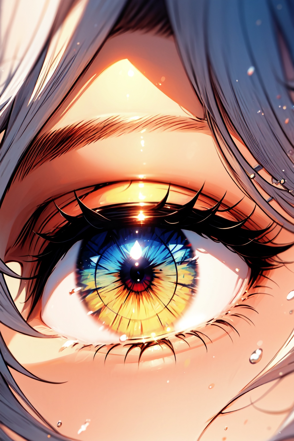 beautiful and detailed iris of the eyes,  heterochromia (one green eye and one purple eye) iris,  image focused only on th...