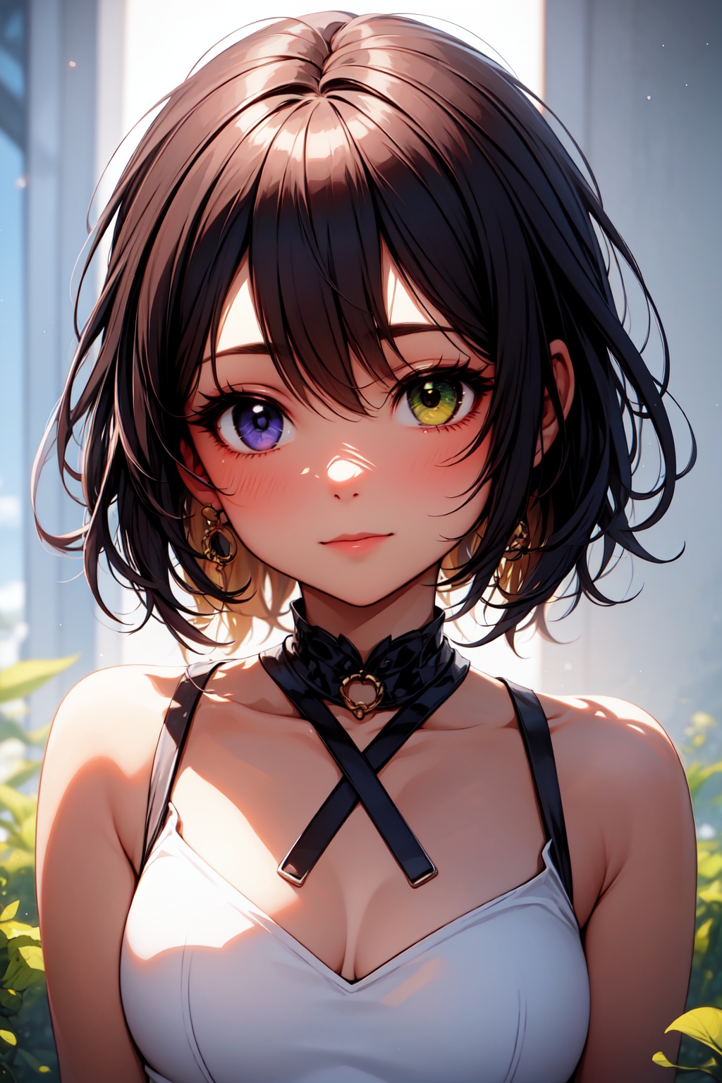 beautiful and charming girl,  heterochromia (one green eye and one purple eye) iris,  image focused only on the character'...
