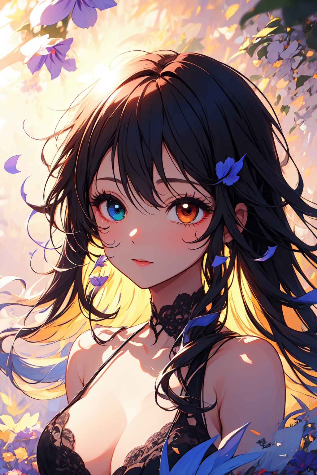beautiful and charming girl,  heterochromia (one green eye and one purple eye) iris,  image focused only on the character'...