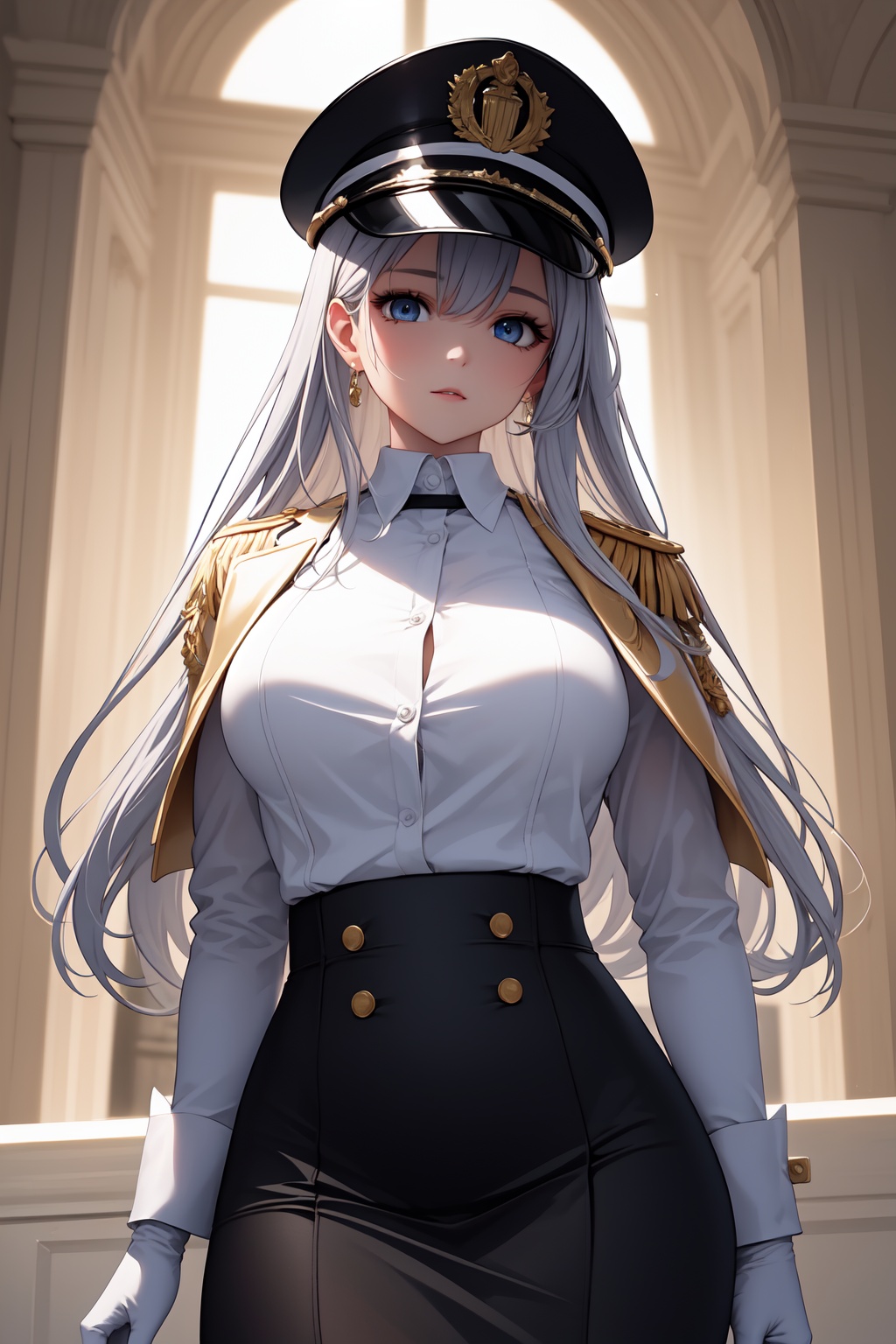 Pretty and intimidating girl. She wears a very elegant black military dress (white shirt,  blazer,  skirt on Tensor.Art
