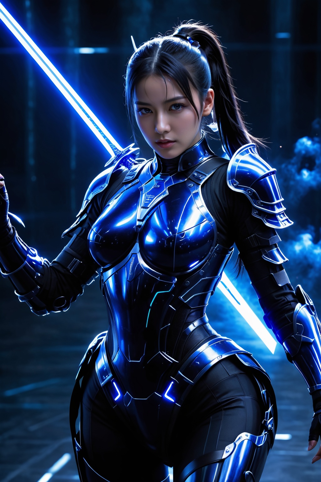 front view of one girl with black ponytail hair wearing black sci-fi body armor,  holding two glowing blue swords downward...