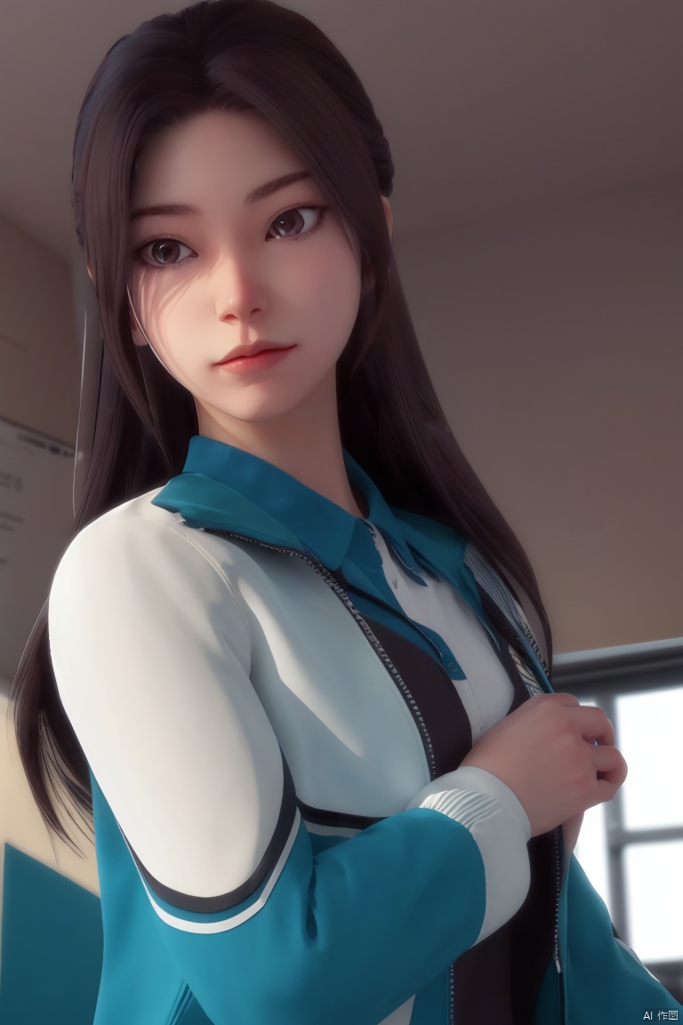 1girl, solo, long hair, black hair, long sleeves, brown eyes, closed mouth, jacket, upper body, indoors, lips, window, track jacket, realistic, classroom,j/x