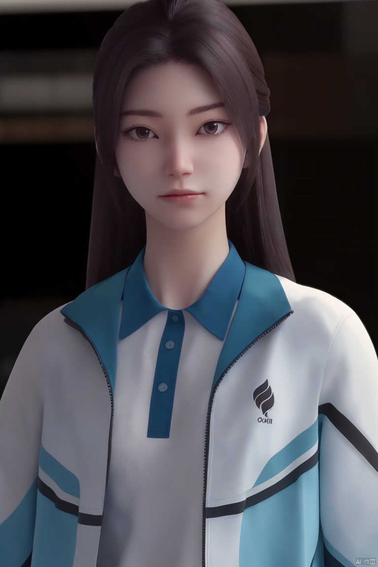  1girl, solo, long hair, looking at viewer, shirt, black hair, long sleeves, brown eyes, closed mouth, jacket, white shirt, upper body, open clothes, blurry, black eyes, open jacket, blurry background, realistic, j/x