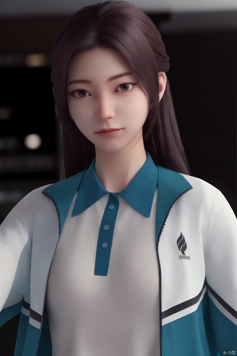1girl, solo, long hair, looking at viewer, shirt, black hair, long sleeves, brown eyes, closed mouth, jacket, white shirt, upper body, open clothes, blurry, black eyes, open jacket, blurry background, realistic, j/x