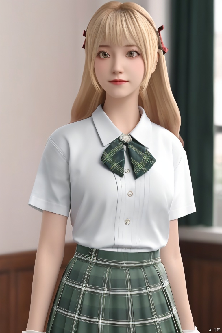 1girl, solo, long hair, bangs, skirt, blonde hair, shirt, gloves, bow, ribbon, brown eyes, school uniform, hair ribbon, white shirt, short sleeves, collared shirt, indoors, bowtie, plaid, cosplay, blurry background, plaid skirt, green skirt, realistic