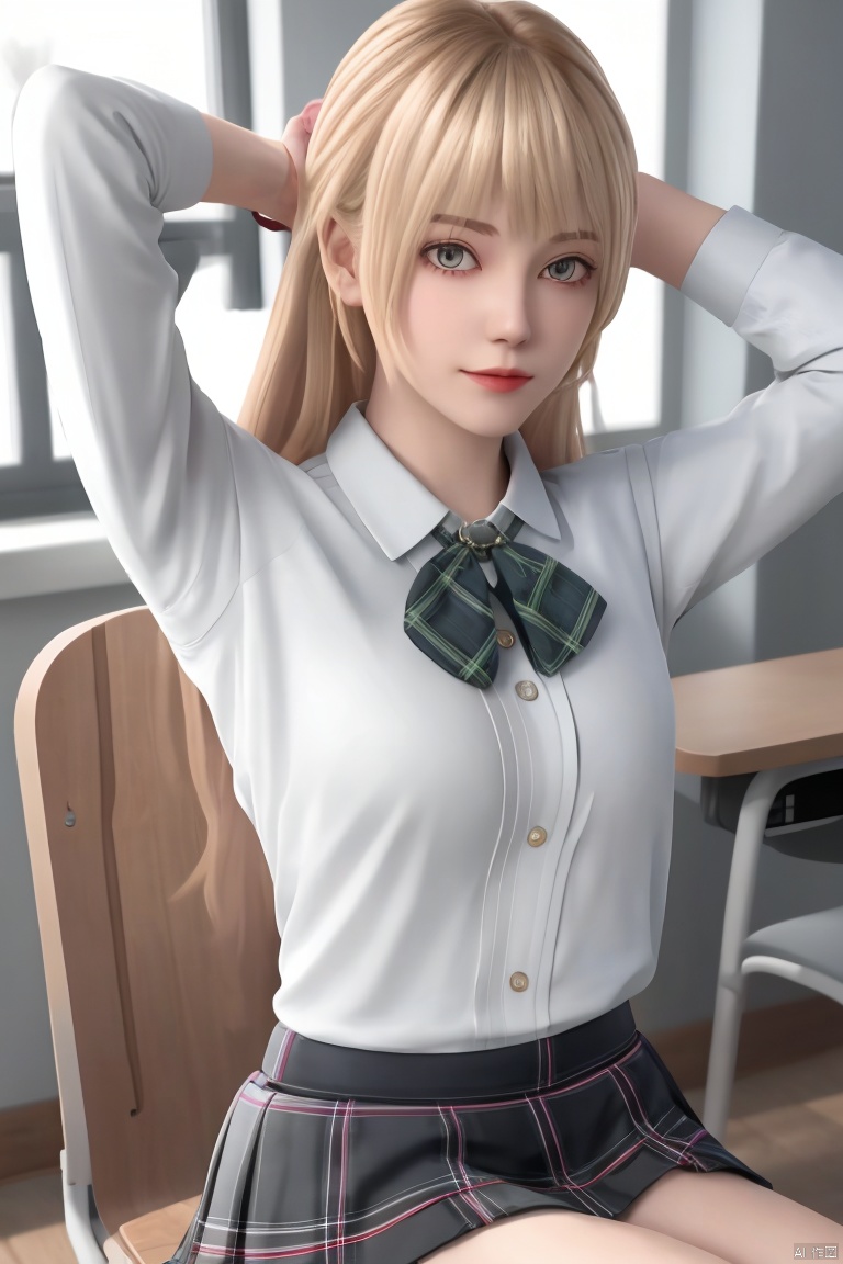 1girl, solo, long hair, looking at viewer, bangs, skirt, shirt, blonde hair, long sleeves, bow, sitting, school uniform, jacket, white shirt, parted lips, open clothes, indoors, blunt bangs, bowtie, mole, black eyes, arms up, plaid, window, plaid skirt, sunlight, realistic, plaid bow, plaid bowtie