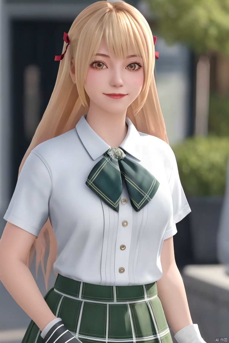 1girl, solo, long hair, looking at viewer, smile, bangs, skirt, blonde hair, shirt, gloves, bow, ribbon, closed mouth, school uniform, white shirt, short sleeves, white gloves, blurry, plaid, cosplay, blurry background, plaid skirt, polka dot, green skirt