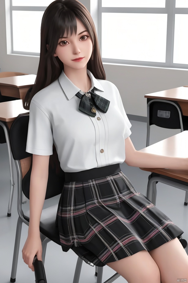 1girl, solo, long hair, looking at viewer, skirt, shirt, black hair, sitting, school uniform, white shirt, short sleeves, indoors, plaid, plaid skirt, chair, desk, realistic, classroom, school desk